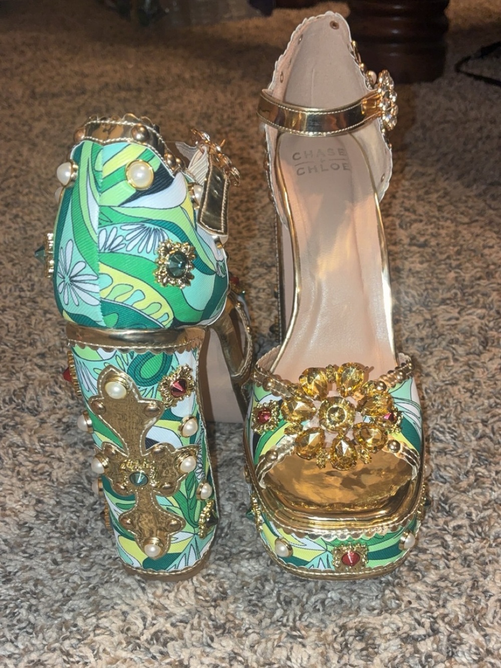Chase + Chloe Green Floral Jewel Platform Sandals with Gold Accents